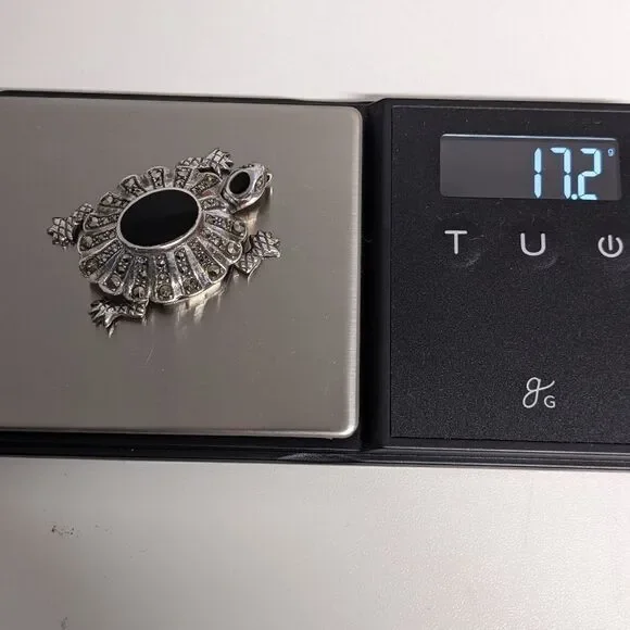 Vintage Sterling Silver, Onyx and Marcasite Turtle Pendant/Necklace - Picture 7 of 16